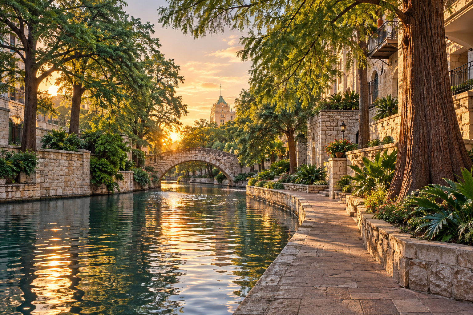 San Antonio River Walk at golden hour