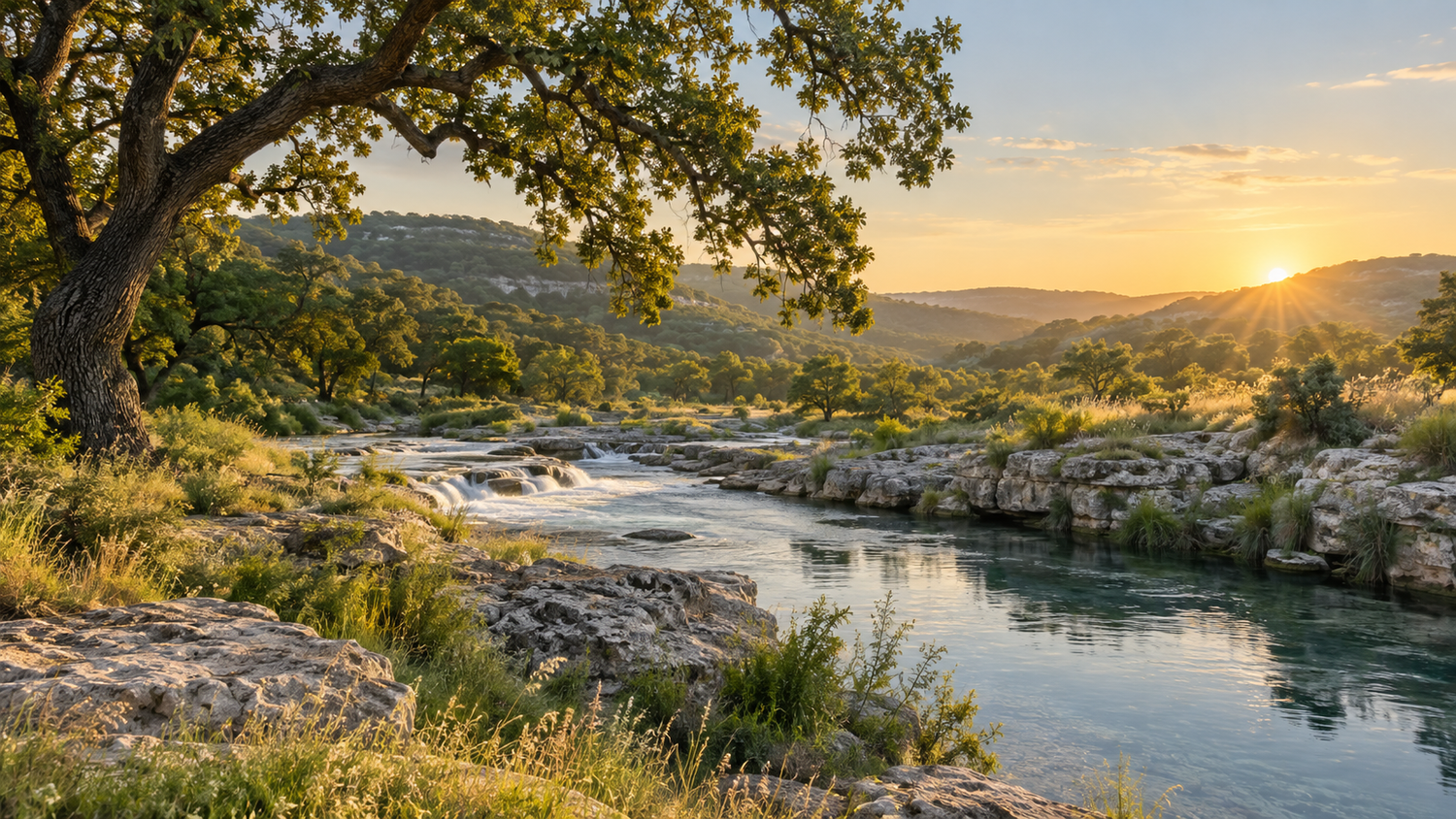 Texas Hill Country creek and live oaks