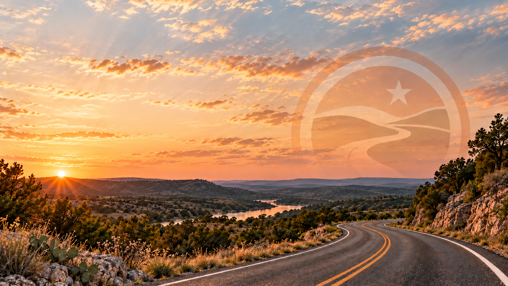 Texas Hill Country sunset road with a subtle Hidden Weekends Texas travel emblem