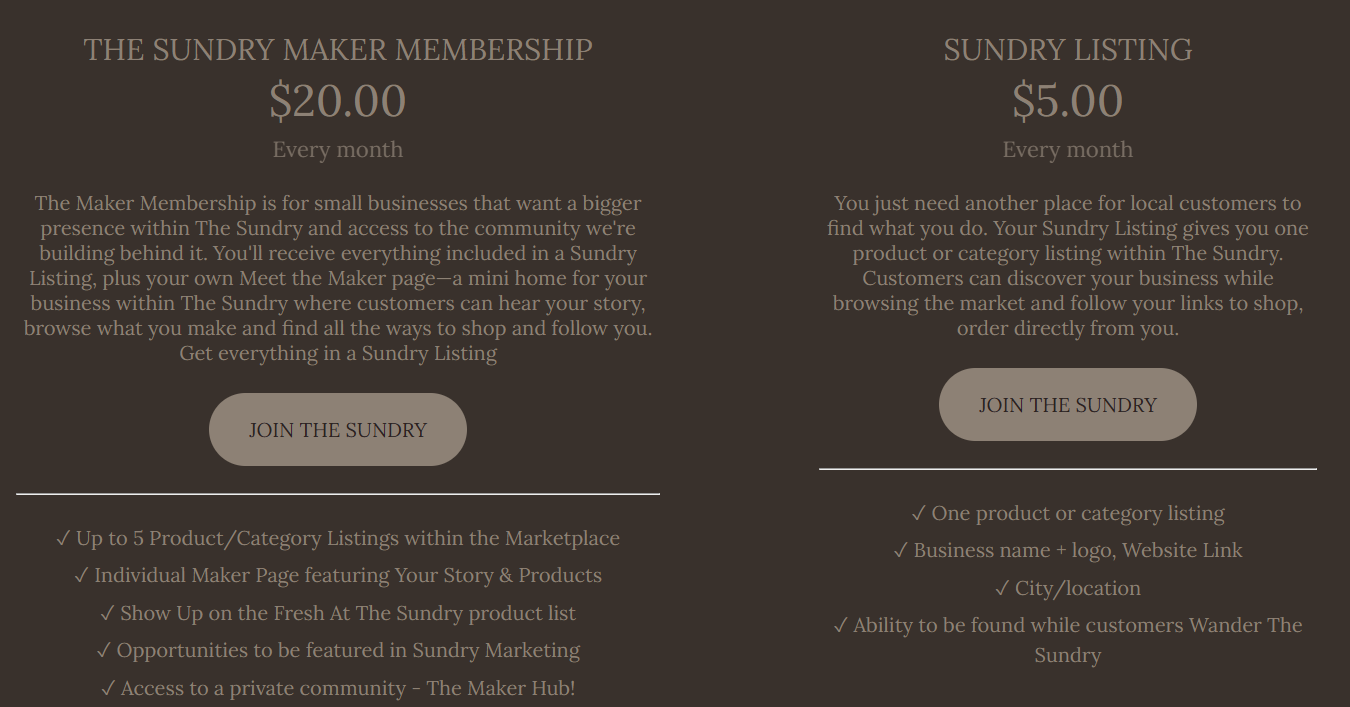 Text-based webpage layout with two columns detailing membership and listing services, prices, descriptions, and a join button for The Sundry Maker Membership and Sundry Listing.
