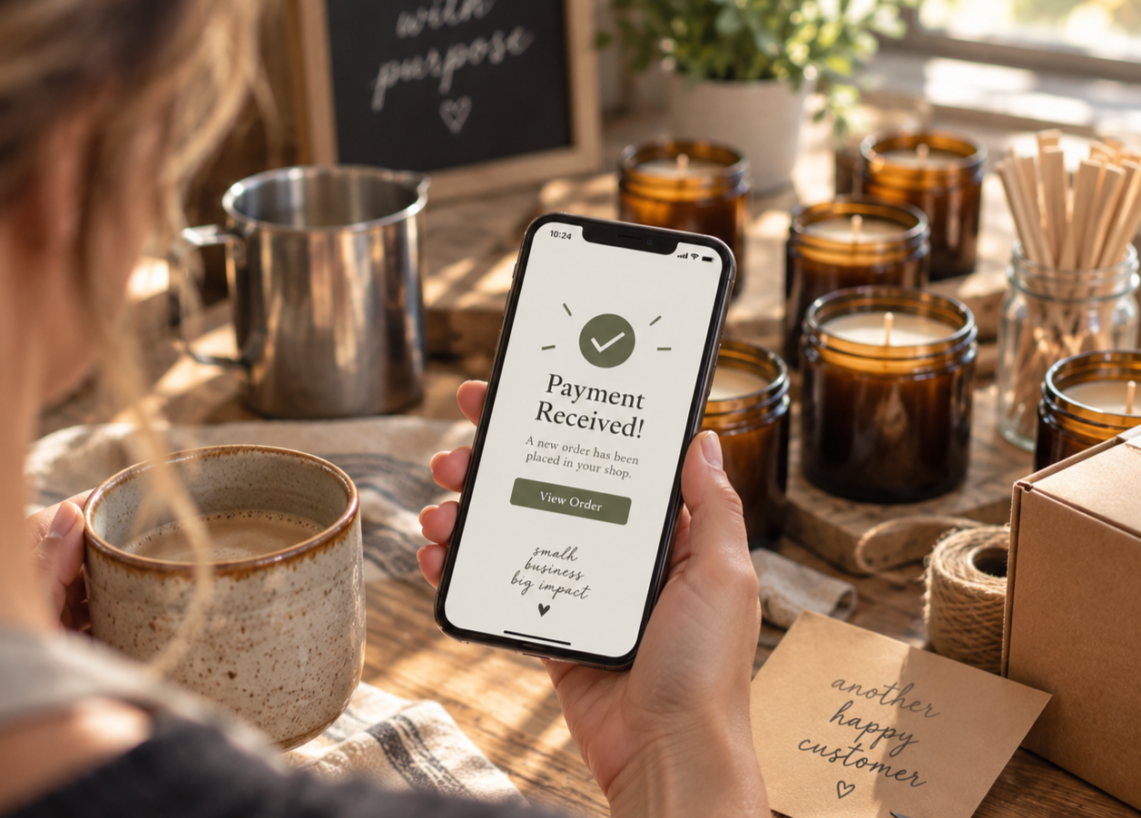 Close-up of a person holding a smartphone with a payment confirmation screen that reads 'Payment Received!' in a cozy workspace with candles, a coffee mug, a small potted plant, and a handwritten note that says 'another happy customer'.