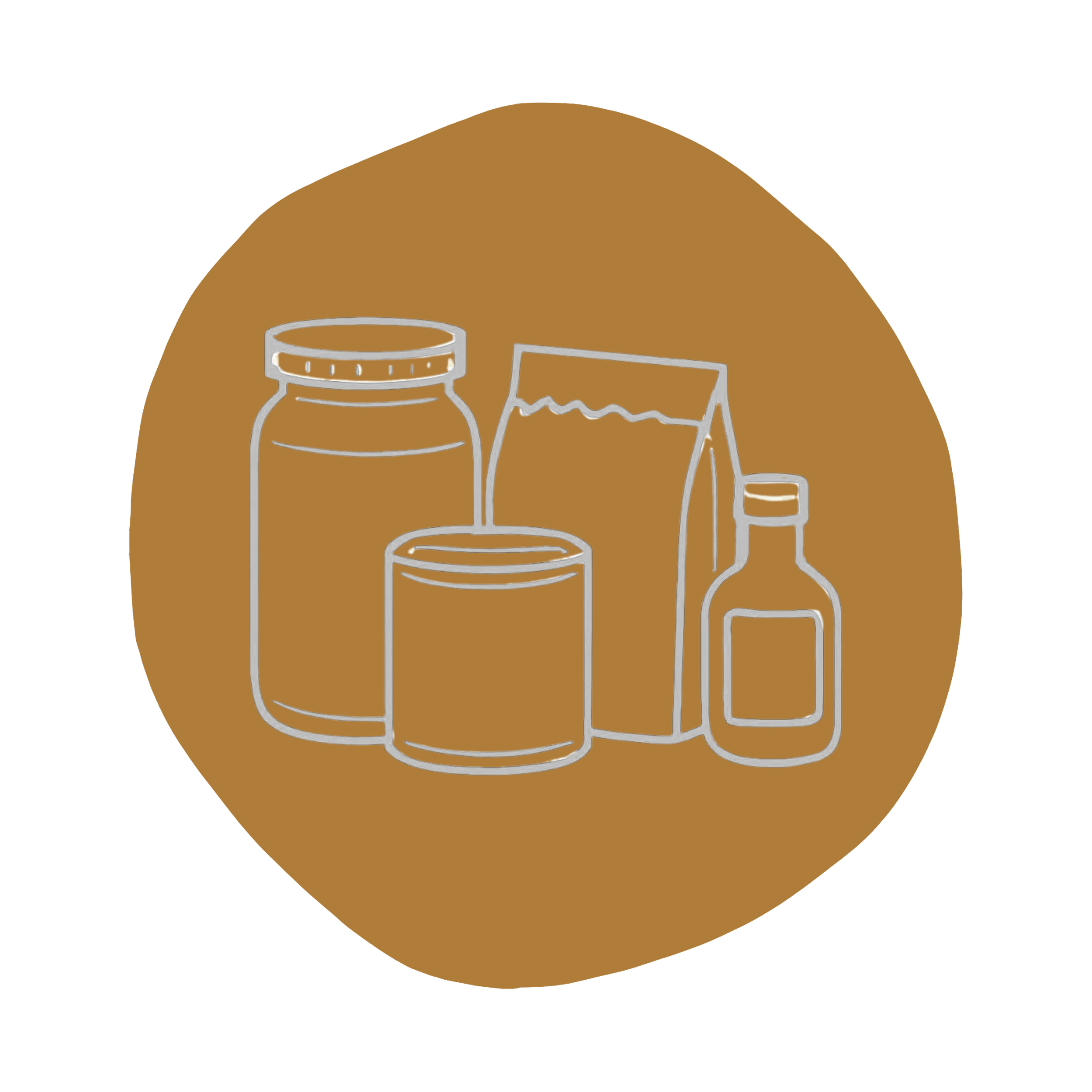 Illustration of various containers, including a jar, a box, a bottle, and a small container, arranged on a round brown background.