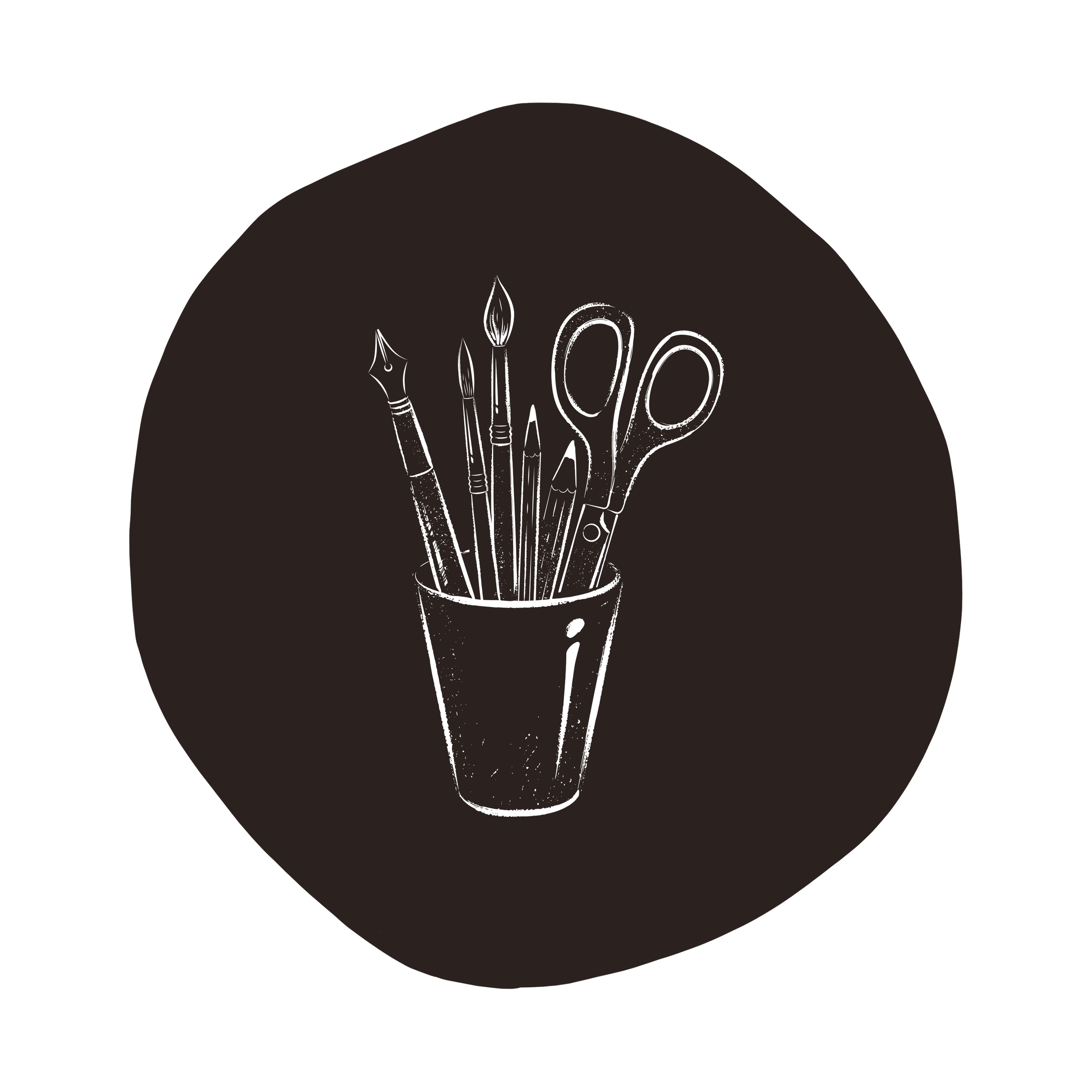 Black background with white chalk drawing of a cup filled with various art tools such as pens, scissors, and brushes.