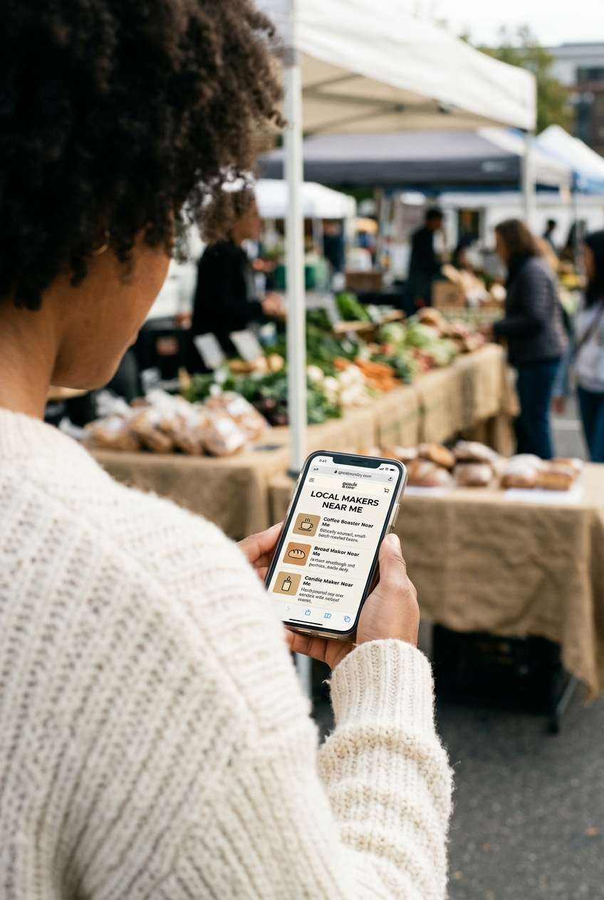Person with curly hair and beige sweater looking at a smartphone screen at an outdoor farmer's market with produce stalls and other shoppers in the background.
