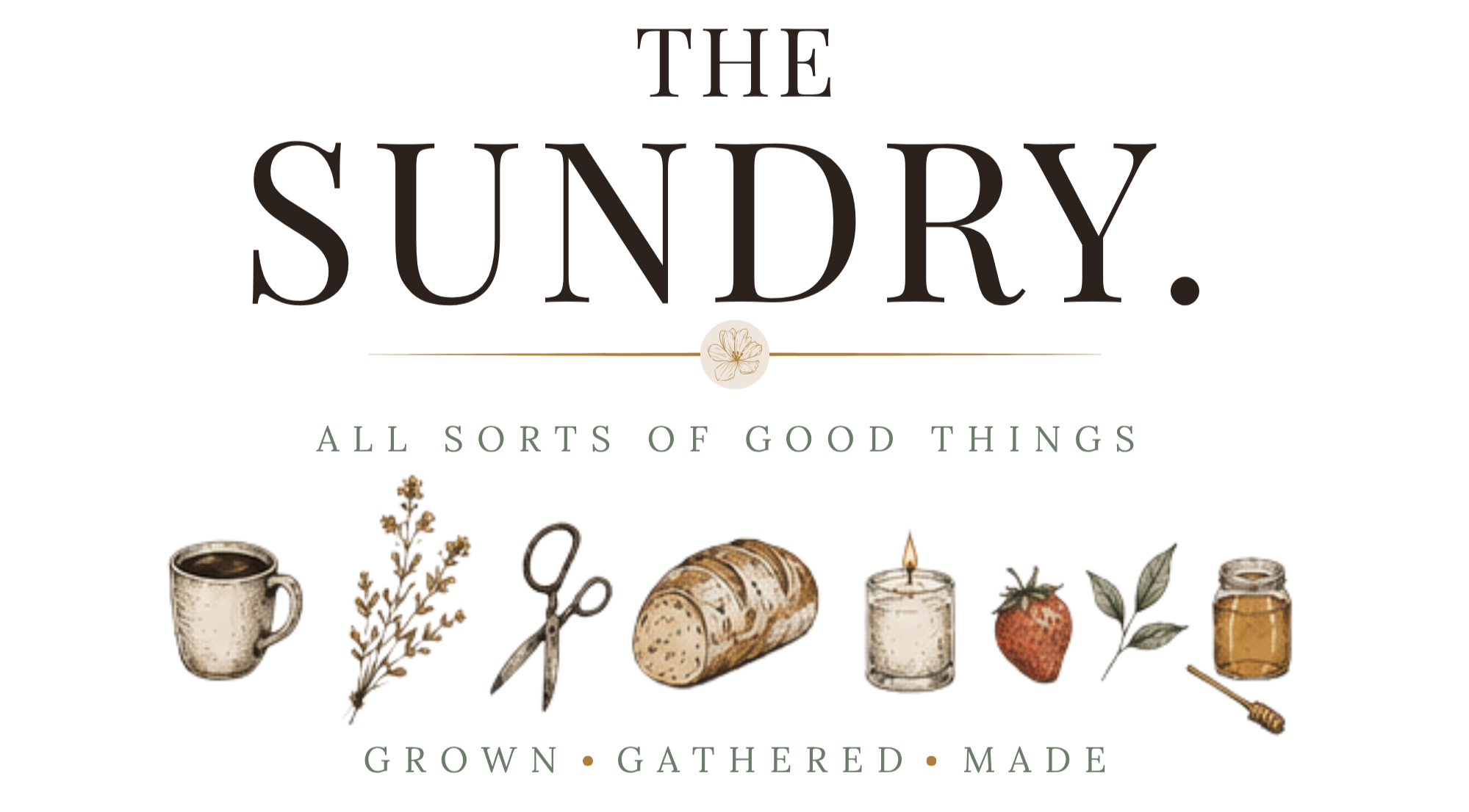 Sun-Dry Art & Design logo with illustrated candles, wine cork, spoon, leaves, and honey jar.