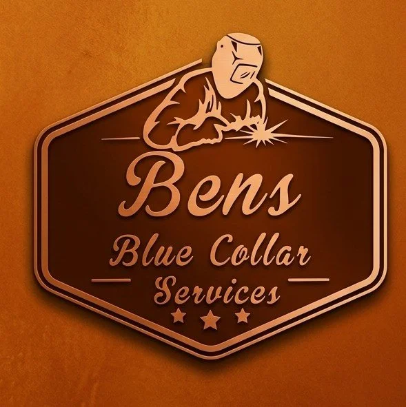 Sign for Ben's Blue Collar Services with a logo of a worker welding.