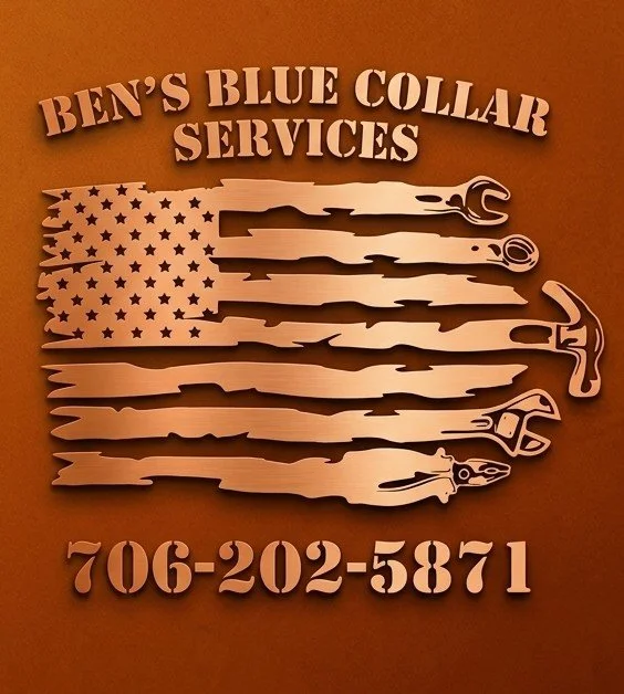 A sign for Ben's Blue Collar Services features a stylized American flag and various tools like a wrench, screwdriver, and pliers, with the contact number 706-202-5871.