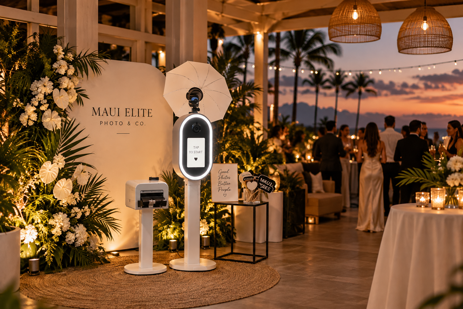 DSLR photo booth setup at an elegant Maui event during sunset