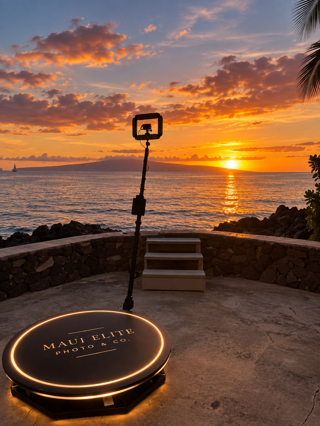 360 photo booth setup overlooking the ocean at sunset in Maui, Hawaii