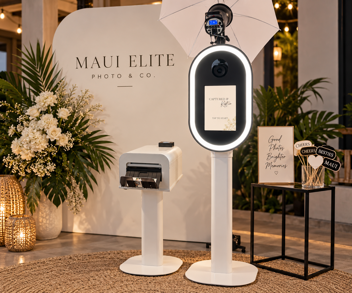 DSLR photo booth setup with professional lighting and printer for a Maui event