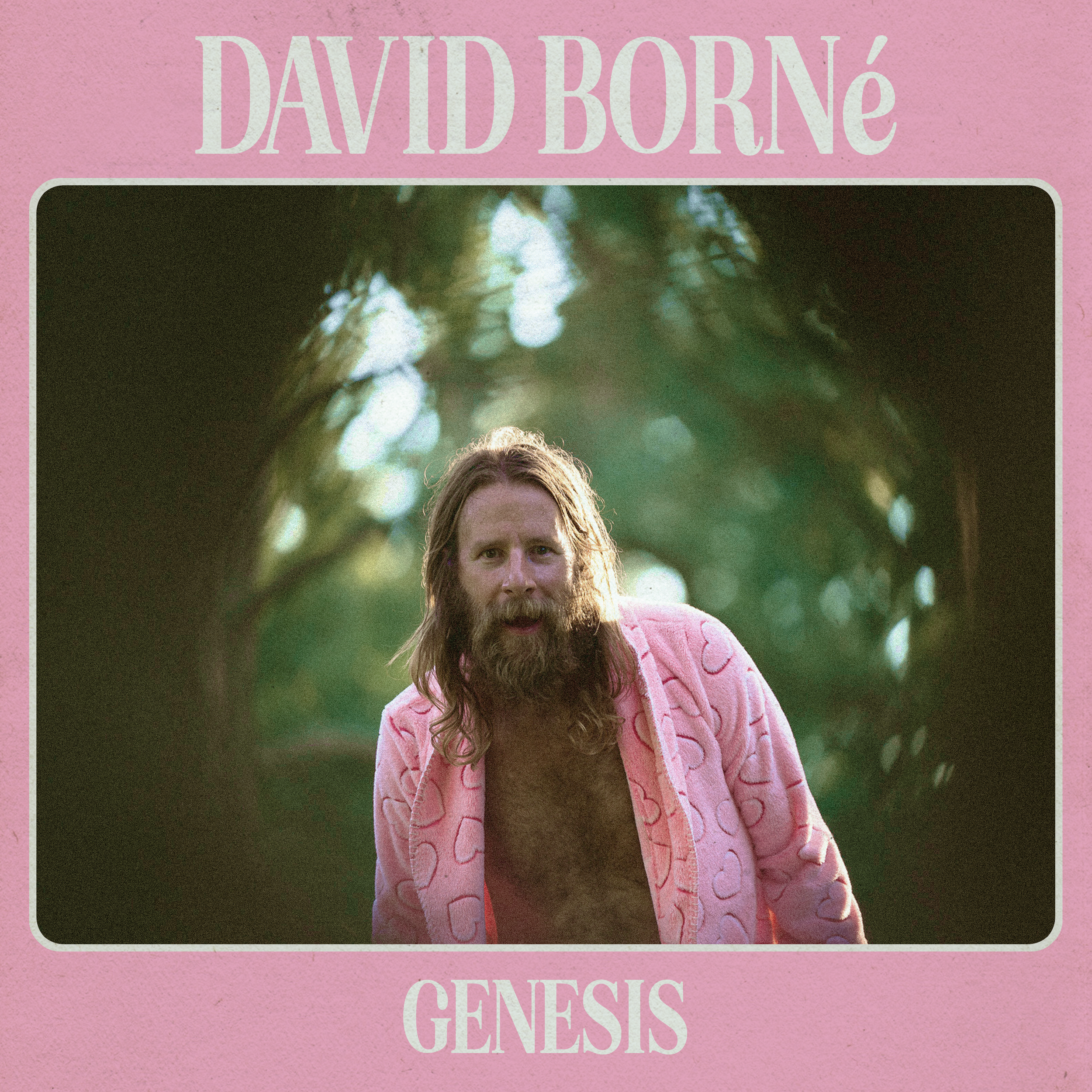 A pink cover with the words 'DAVI BORNÉ' at the top and 'GÉNESIS' at the bottom. In the center, a man with long hair and a beard, wearing a pink jacket, is partially visible with a blurred background of trees and light.