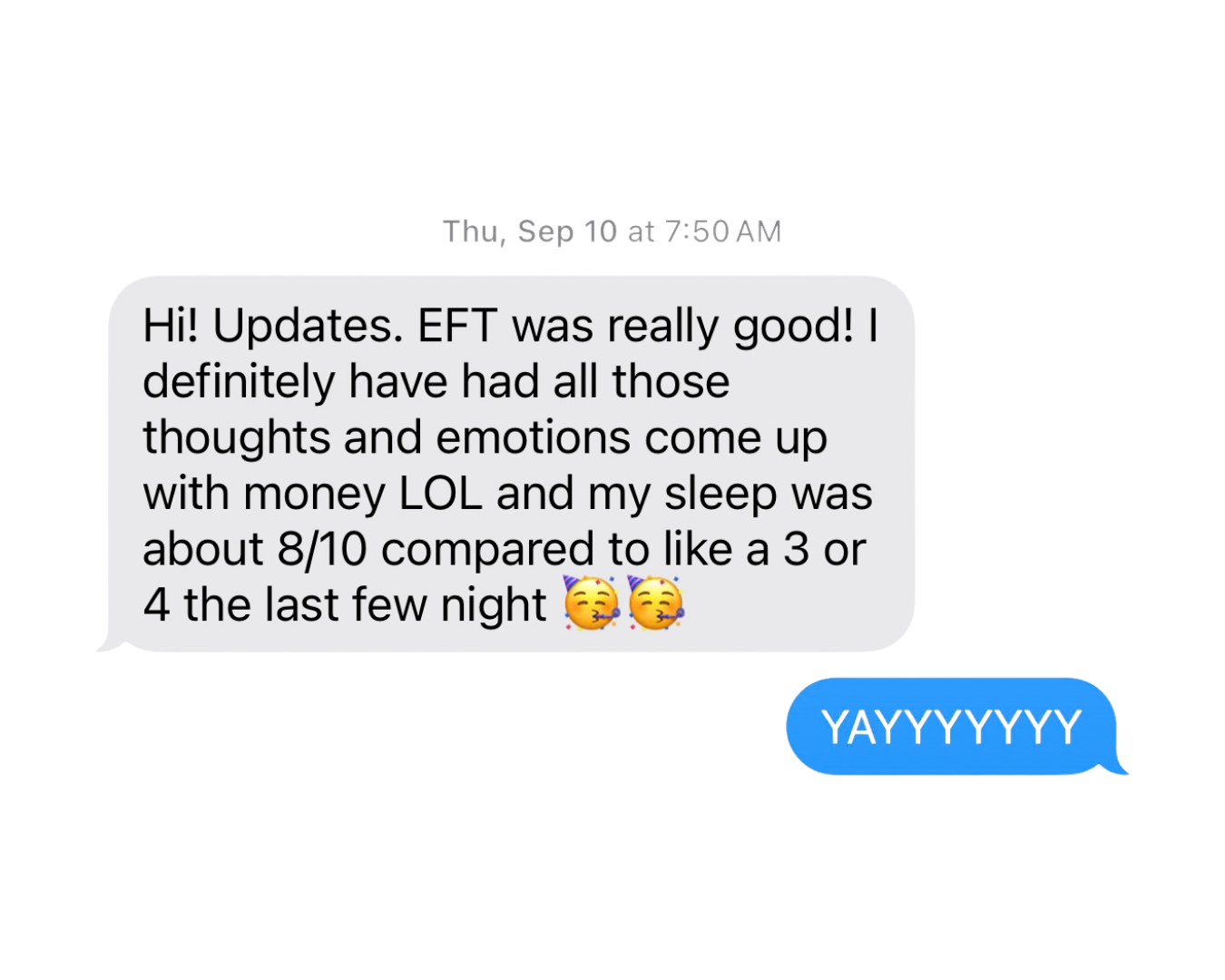 A screenshot of a chat message discussing a positive experience with EFT therapy and feelings of well-being, with a cheering emoji in the response.