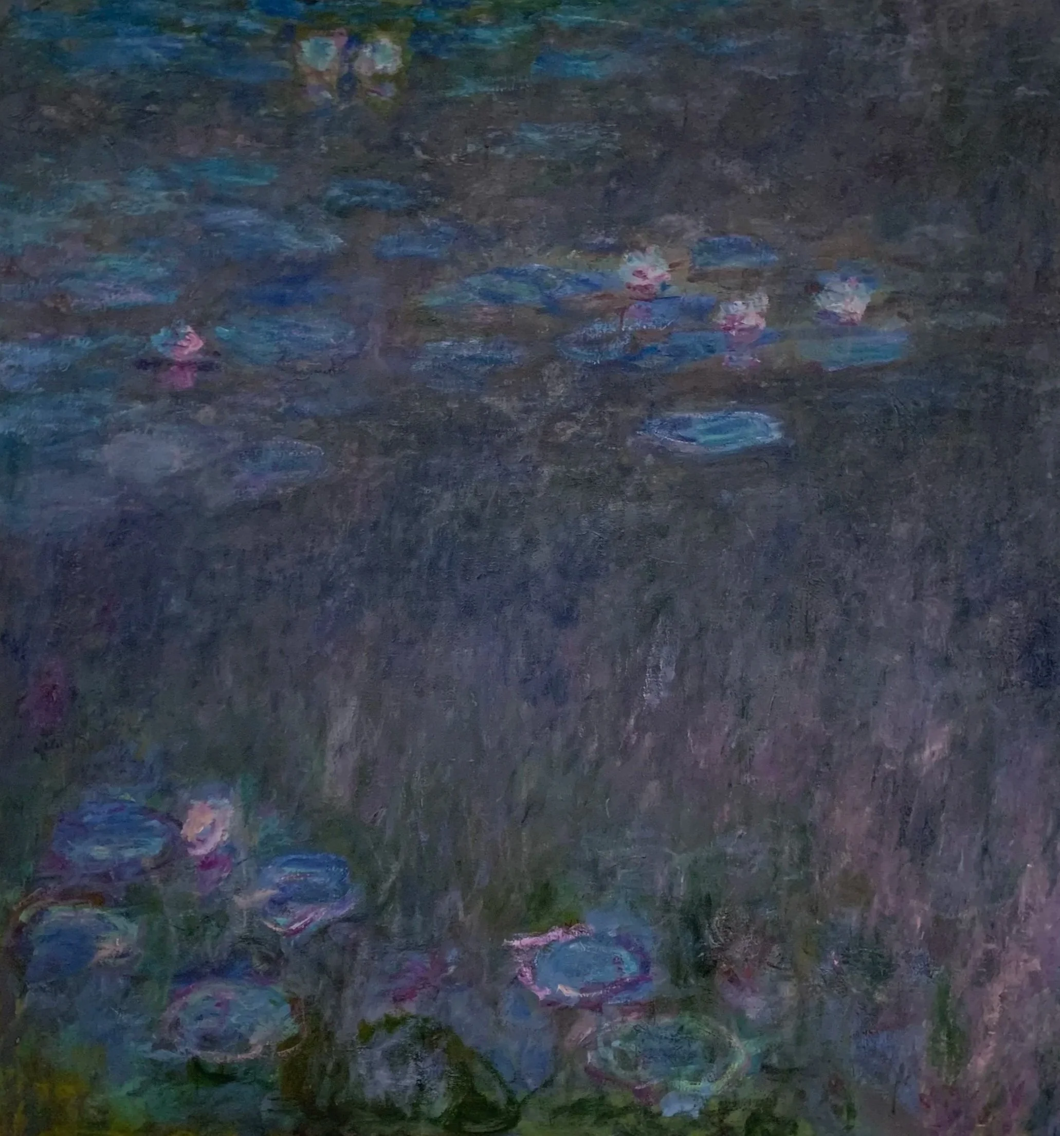 A close-up of an impressionist painting depicting a pond with water lilies and surrounding scenery, featuring vibrant colors and textured brushstrokes.