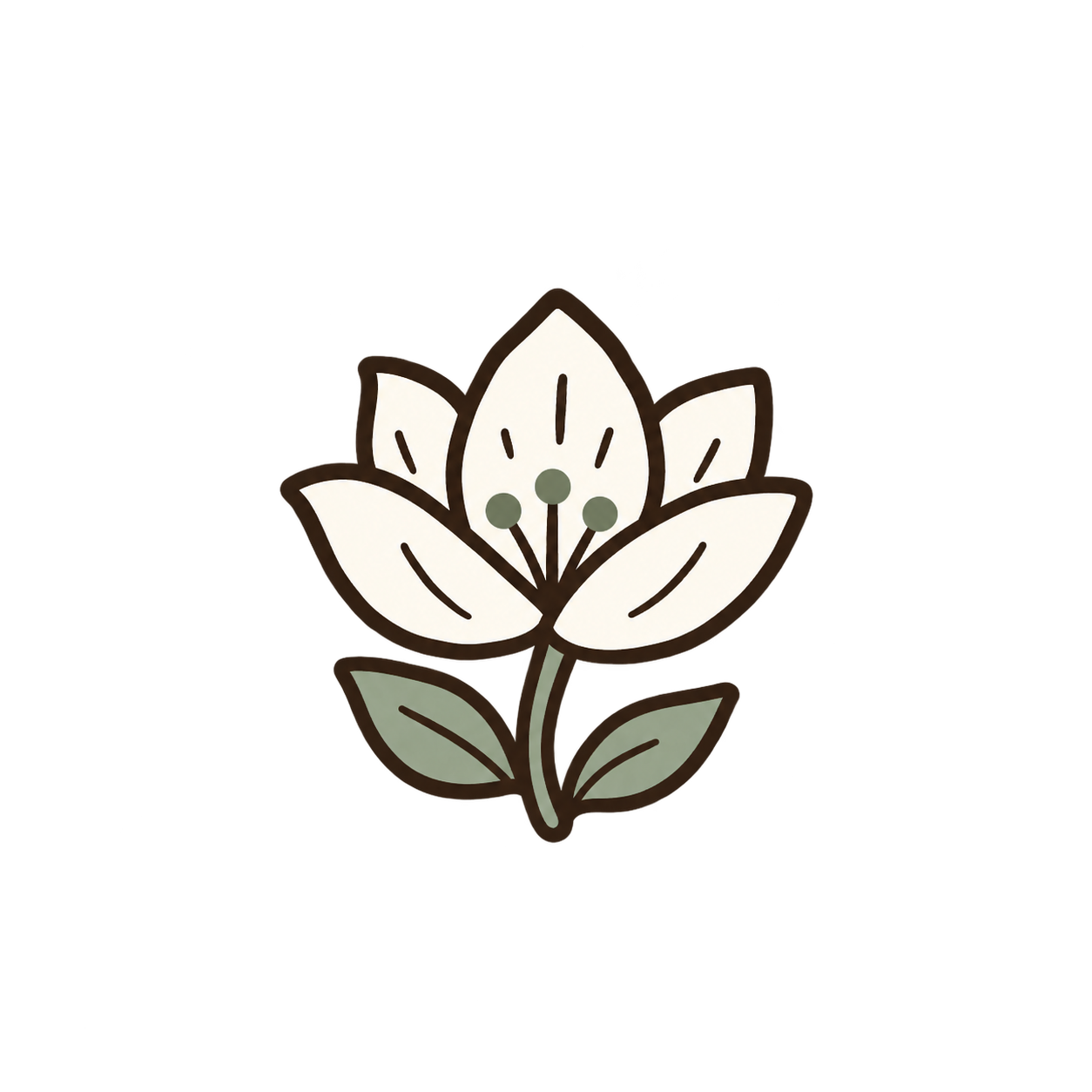 Illustration of a white flower with gray accents and green stamens, featuring green leaves and a dark outline.
