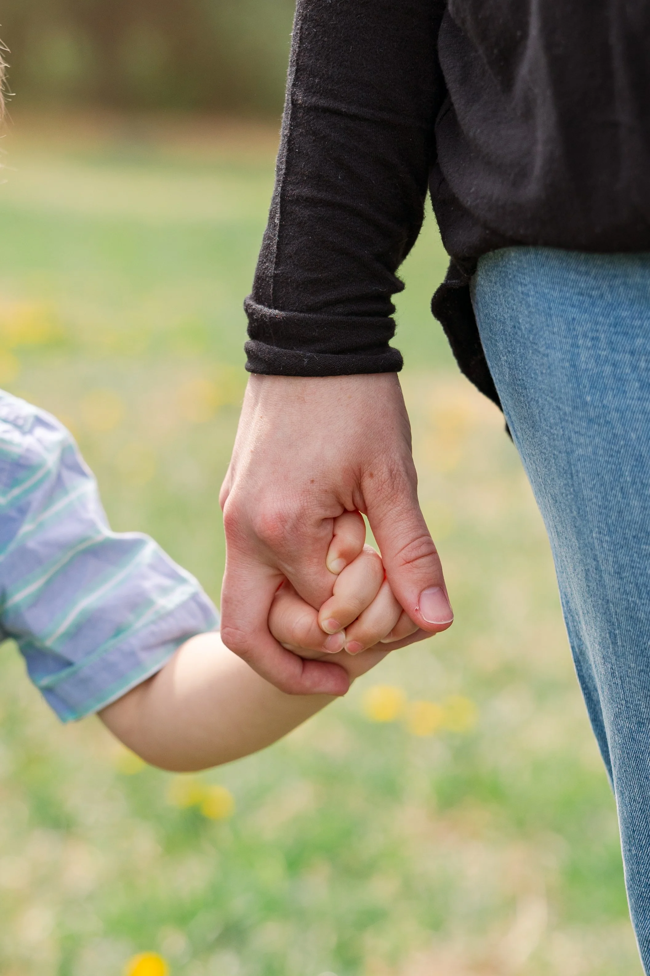 Close-up of a child's hand holding an adult's finger, with a blurred grassy background.