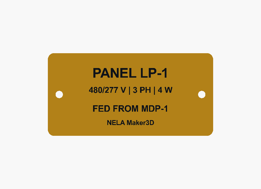 Panel Tag, 2 × 4 inches — Design preview. Request custom equipment names, voltage details, and panel identification.