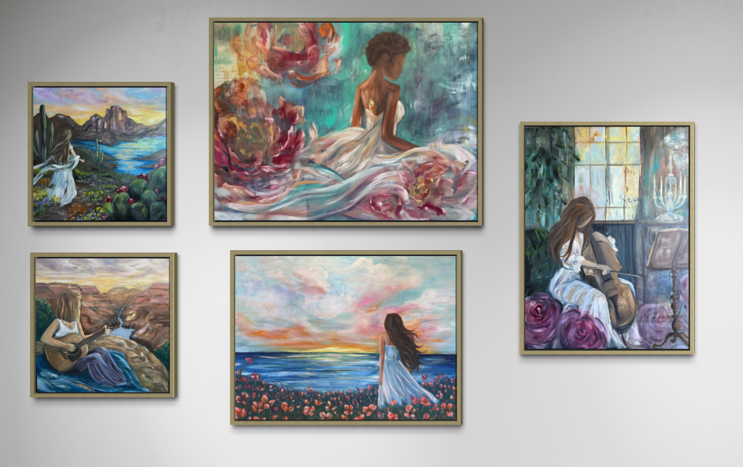 Six colorful paintings of women in various settings, including a woman sitting by a river, a woman playing guitar in nature, a woman by the ocean at sunset, a woman with flowing hair and flowers, a woman playing cello near a window, and a woman surrounded by roses in a room.