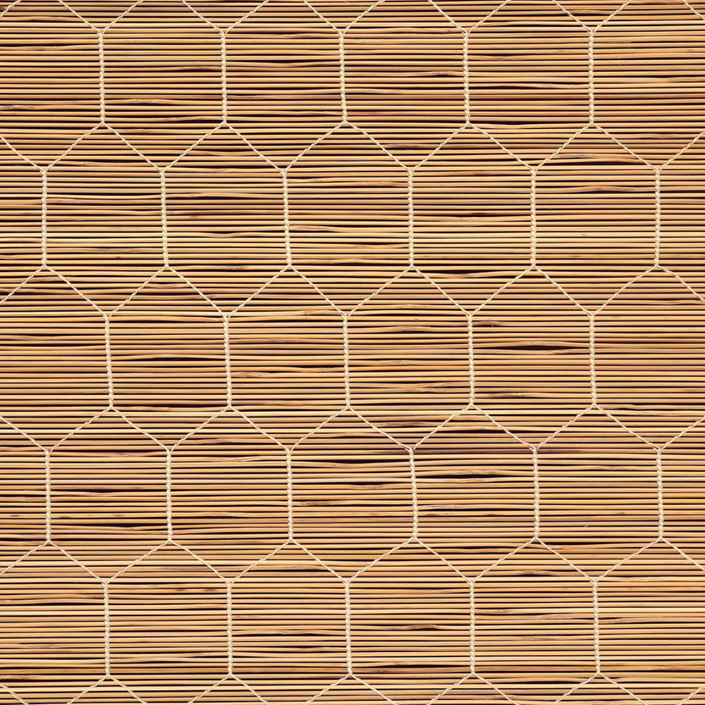Close-up of a roll-up bamboo or wooden mat with a hexagonal wire mesh pattern.