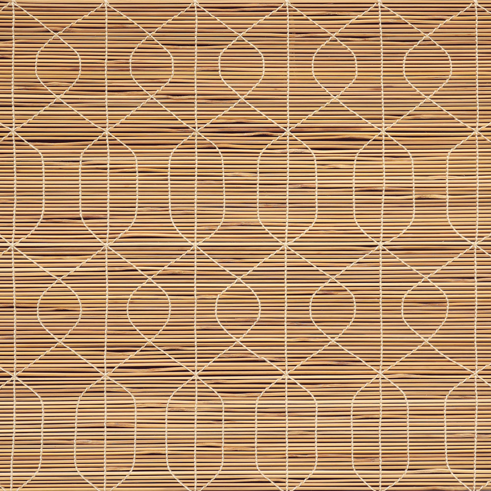 Close-up of a bamboo mat with a white string mesh pattern woven into it.