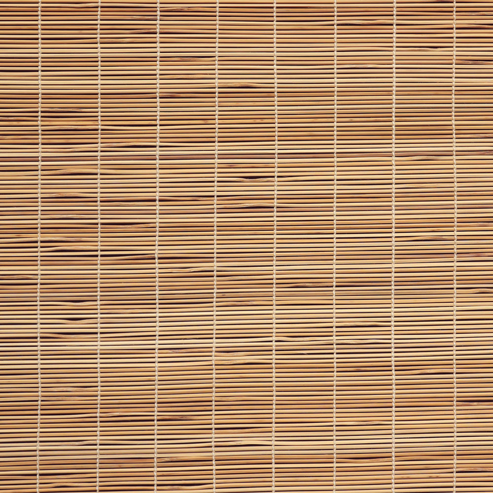 Close-up of a woven bamboo mat with horizontal bamboo slats held together by vertical strings.
