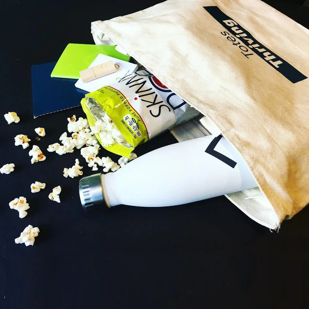 Swag - water bottle, tote bag, and snacks