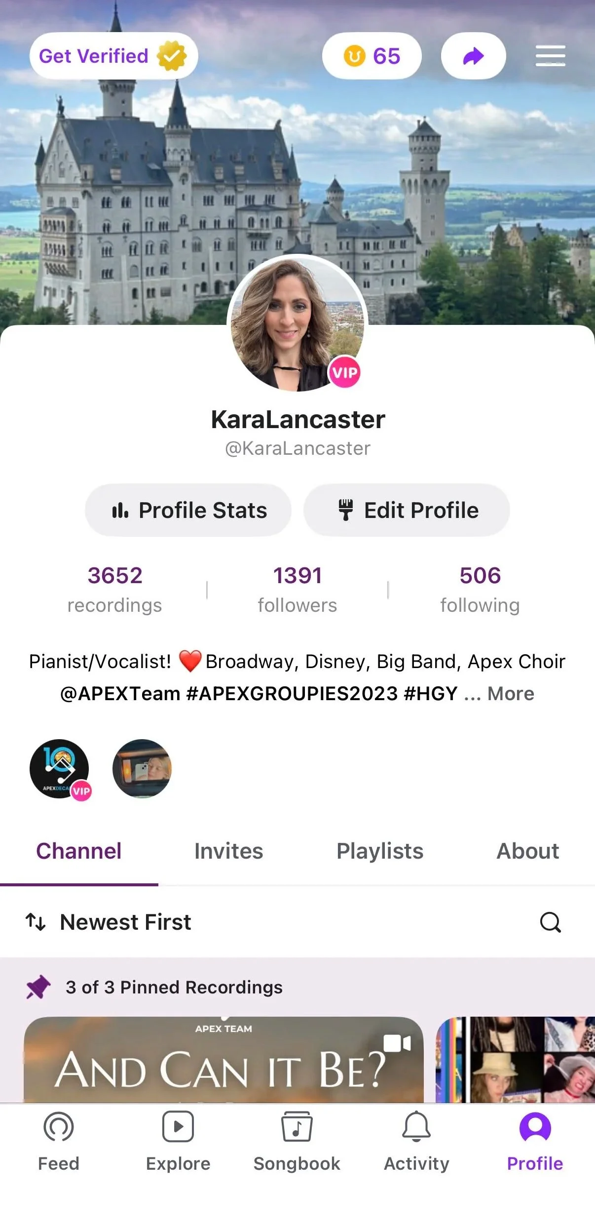 Mobile profile page displaying a user named Karla Lancaster with a profile picture of a woman with wavy hair, standing in front of a castle. The page shows stats of 3652 recordings, 1391 followers, and 506 following. The background has a castle and sky. The menu at the bottom includes Feed, Explore, Songbook, Activity, and Profile icons.