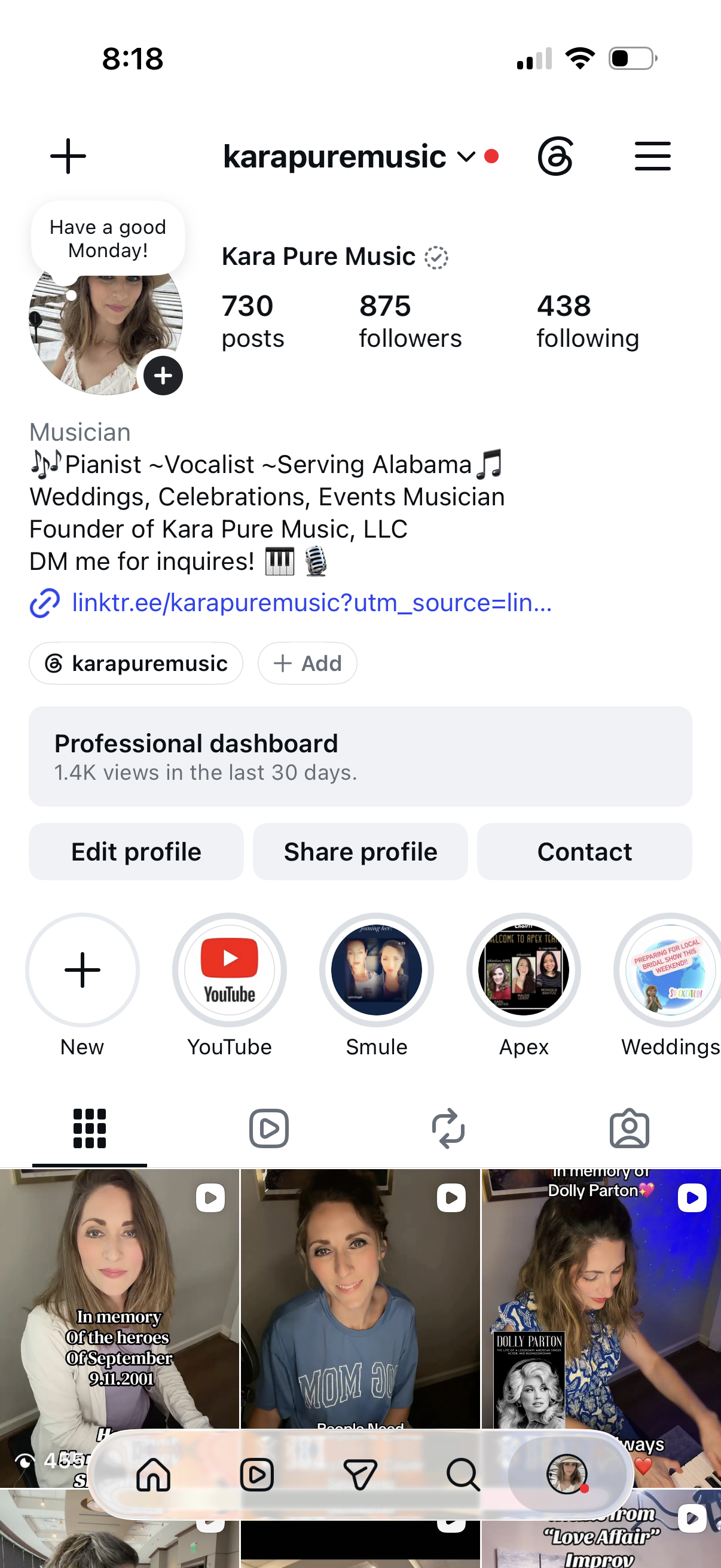 A screenshot of a TikTok profile page for Kara Pure Music, showing her bio as a musician serving Alabama, with posts, followers, and following counts. There are icons for YouTube, Smule, Apex, and wedding-related videos. The background shows a video with a woman playing the piano and a caption about Dolly Parton.