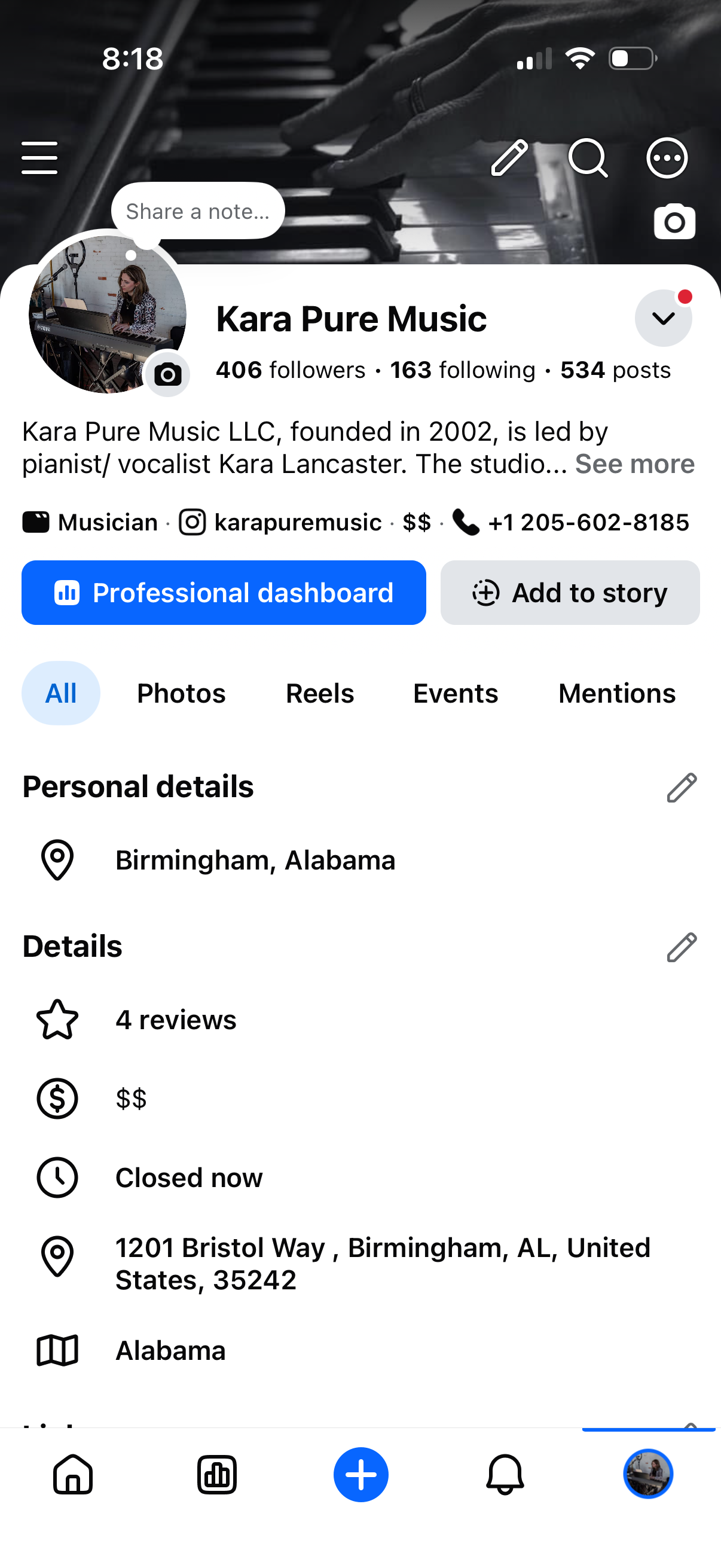 Screenshot of a music studio and a music profile page for Kara Pure Music on a social media app. The profile includes a cover photo of piano keys and a profile photo of a woman playing keyboard.