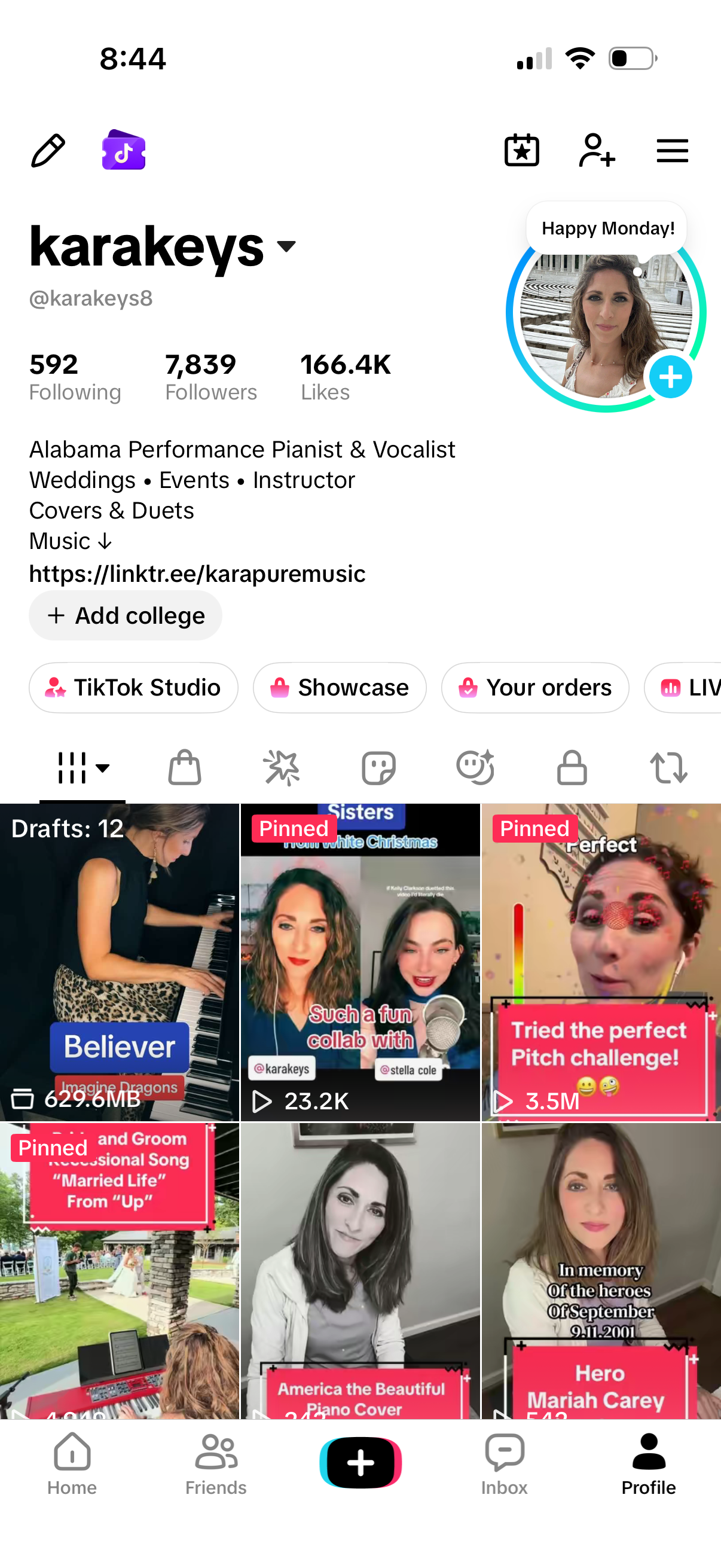 Screenshot of a TikTok profile page for user 'karakeys' showing profile details and a grid of video thumbnails, including piano performances and collaborations.