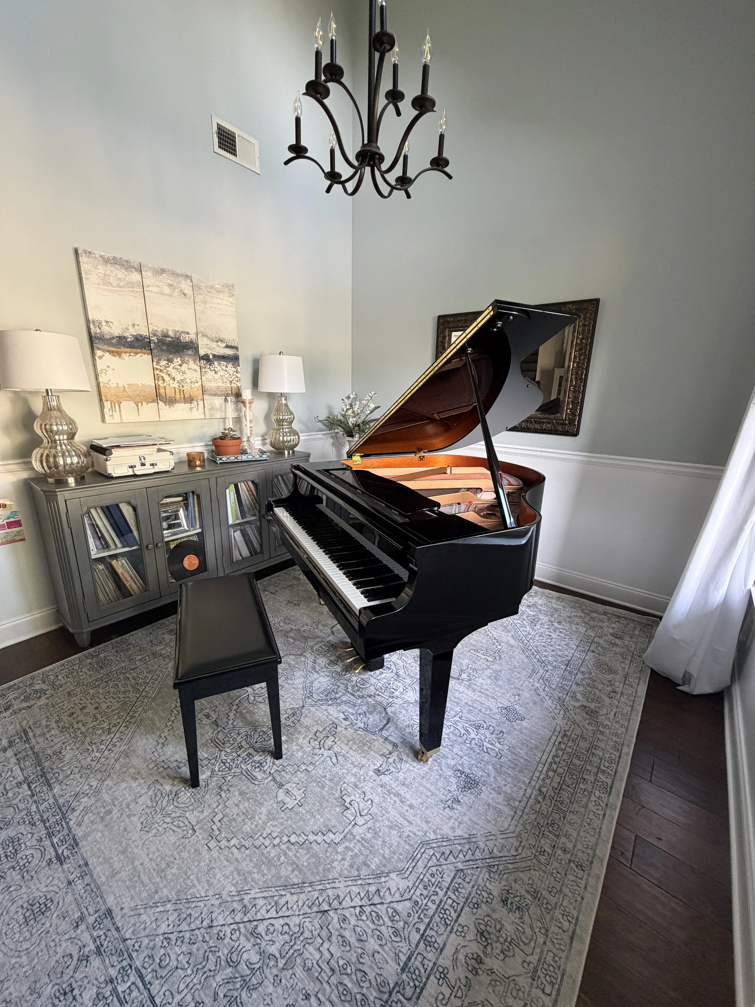 A black grand piano on a patterned area rug in a living room corner, with a gray bookshelf, lamps, and artwork on the walls.