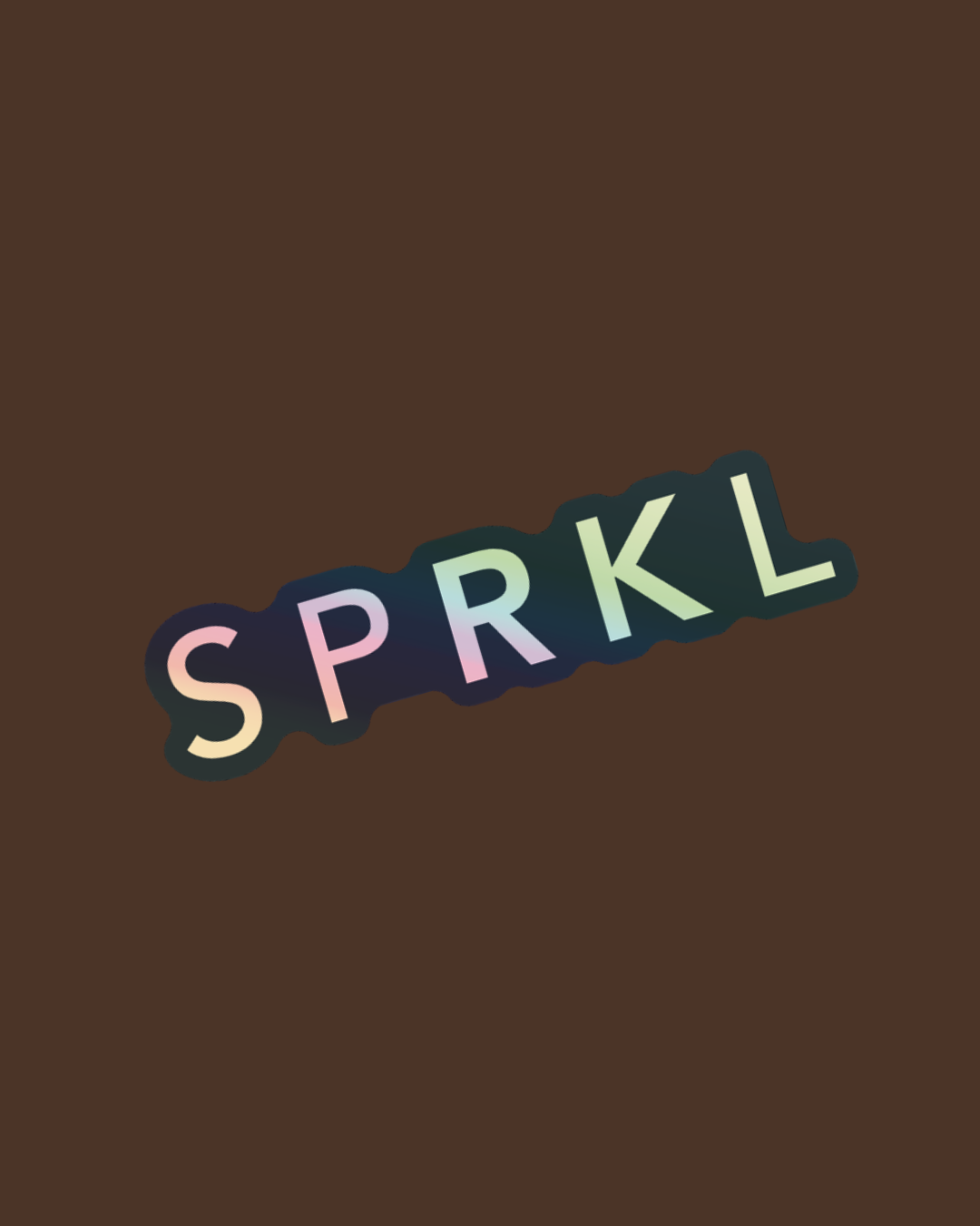 Colorful sticker with the word 'SPRKL' on a brown background. SPRKL leadership company that supports briliiant but burnout humans.Leadership keynote speaker motivational speaker Rachael Karlyl dress for the job you want enclothed cognition burnout