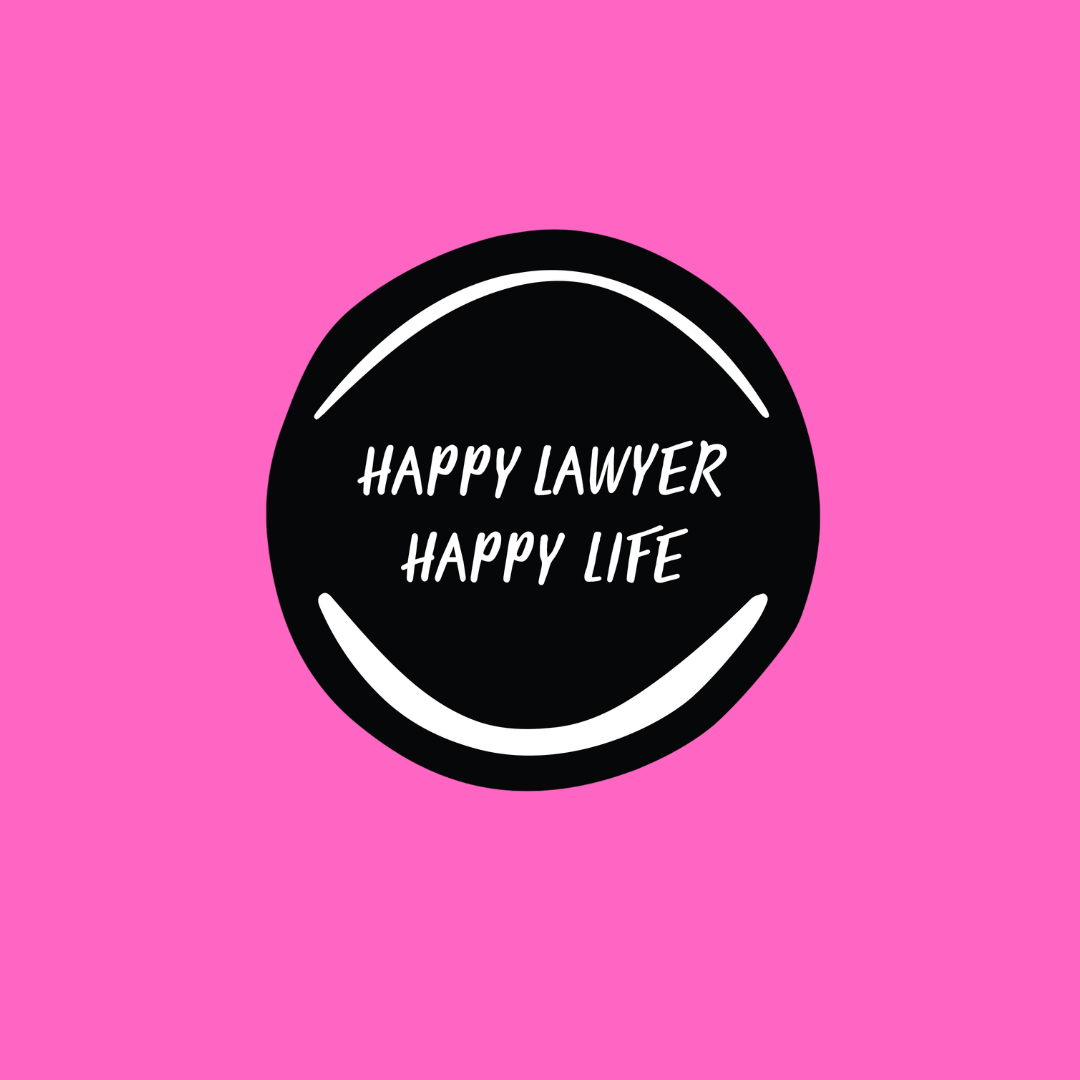 A black circle with white text saying 'HAPPY LAWYER HAPPY LIFE' on a pink background.  Leadership keynote speaker motivational speaker burnout recovery