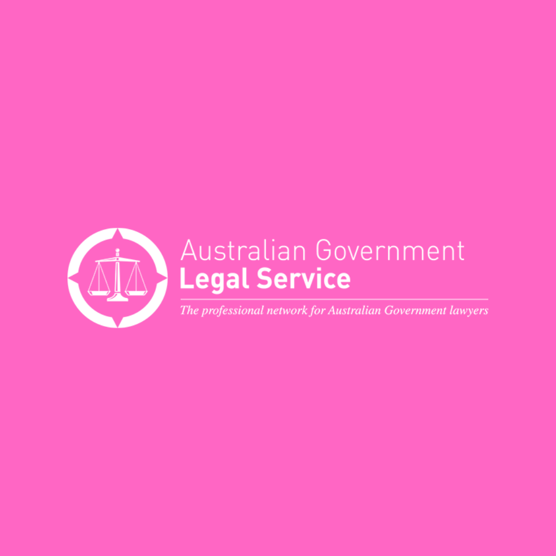Pink background with the Australian Government Legal Service logo and slogan in white text.  Leadership keynote speaker motivational speaker burnout recovery Rachael Karlyl