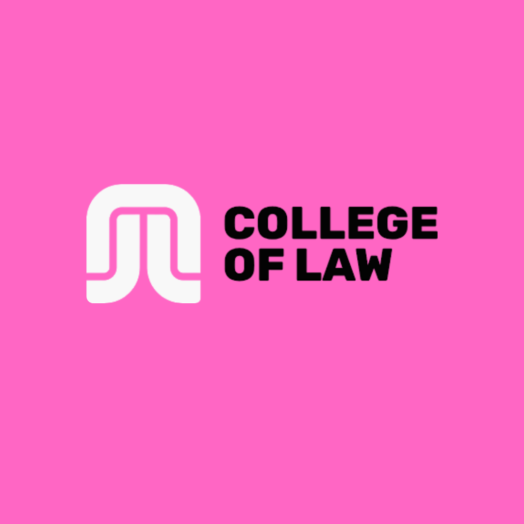 Pink background with a white logo and the words 'College of Law' in bold black letters.  Leadership keynote speaker motivational speaker burnout recovery