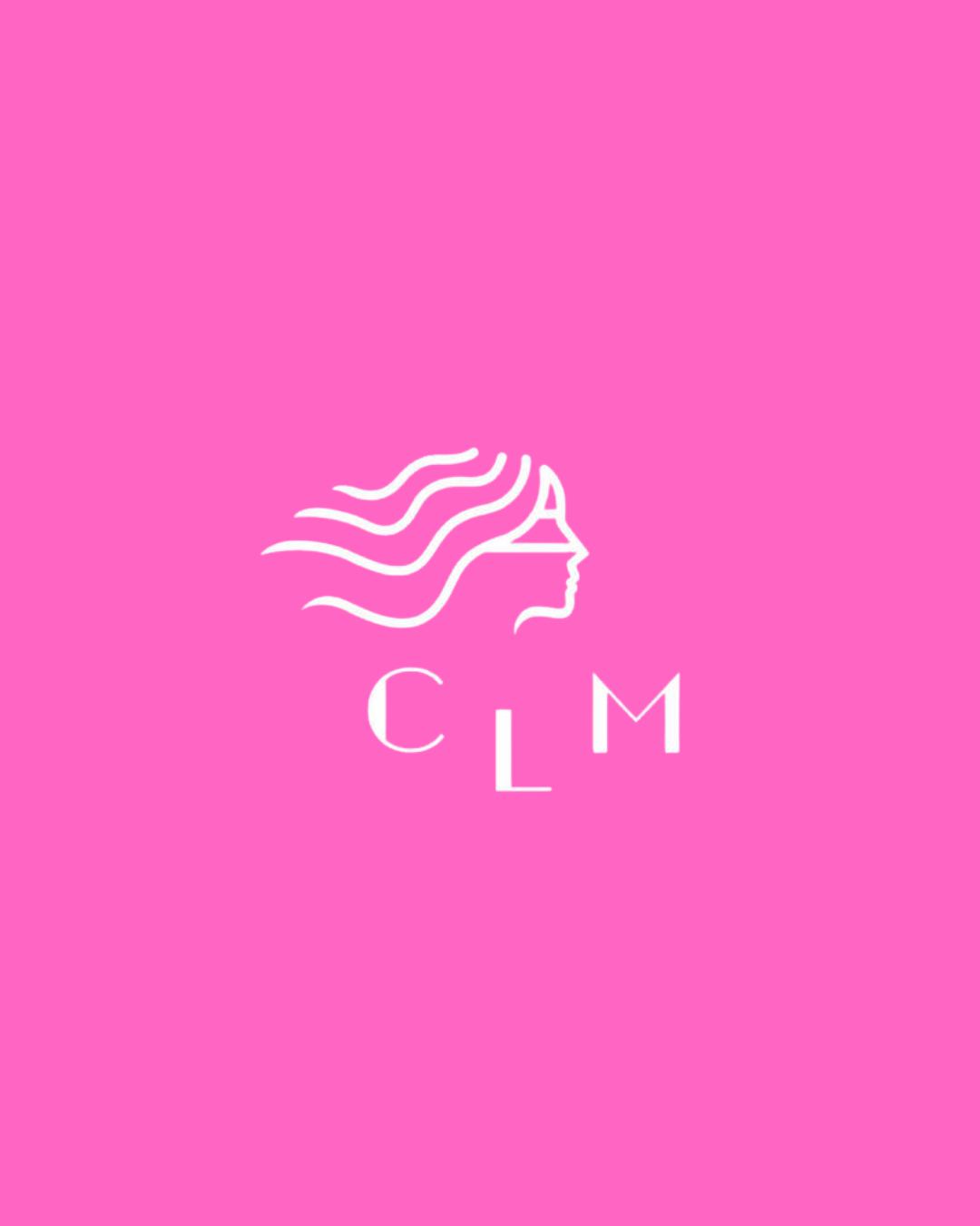 Pink background with a white minimalist logo of a woman's side profile with flowing hair and sunglasses, and the letters 'CLM'.  Leadership keynote speaker motivational speaker burnout recovery Rachael Karlyl