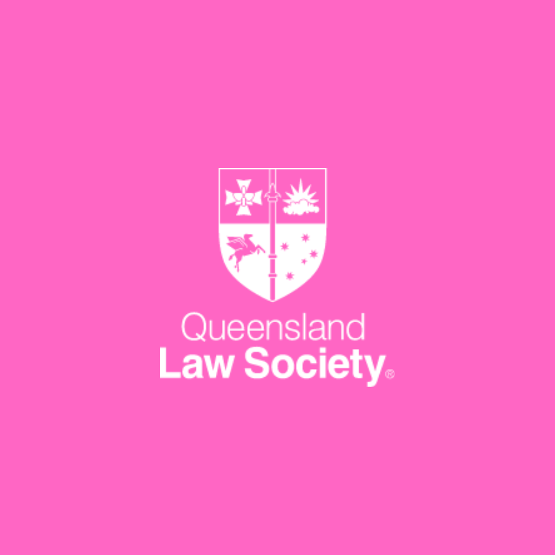Pink background with white logo of the Queensland Law Society, featuring a shield with a cross, a lightning bolt, and stars, and the text 'Queensland Law Society' underneath.  Leadership keynote speaker motivational speaker burnout recovery Rachael K