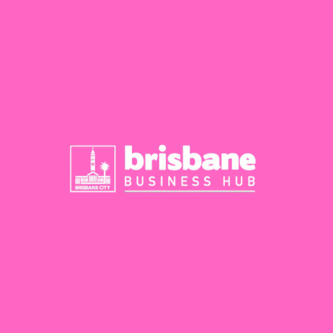 Pink background with white logo and text for Brisbane Business Hub, including a stylized sketch of Brisbane City Hall and the words "Brisbane Business Hub".  Leadership keynote speaker motivational speaker burnout recovery Rachael Karlyl