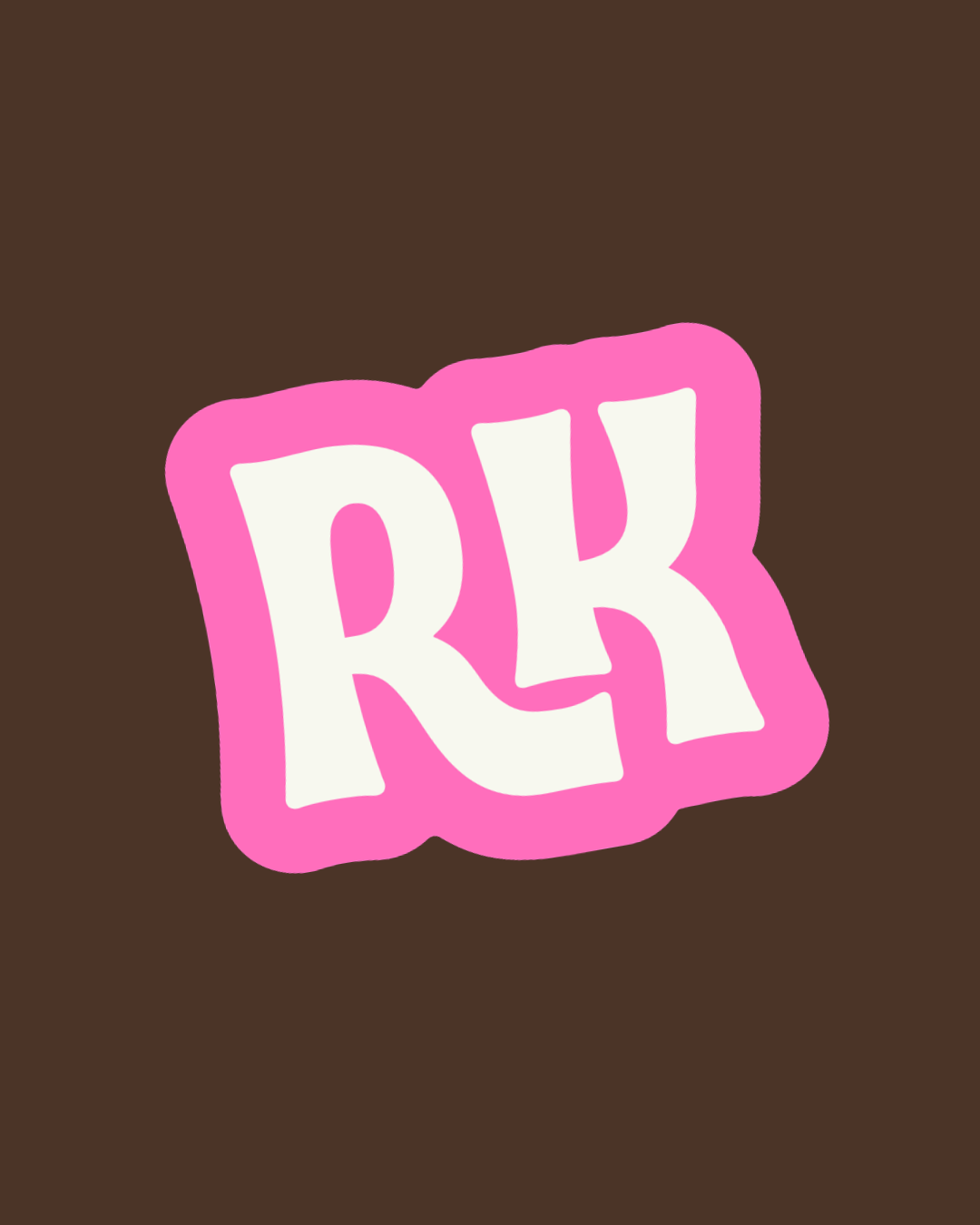 Colorful graphic with stylized white text 'RK' on a pink background, set against a dark brown background. Leadership keynote speaker motivational speaker Rachael Karlyl dress for the job you want enclothed cognition burnout recovery