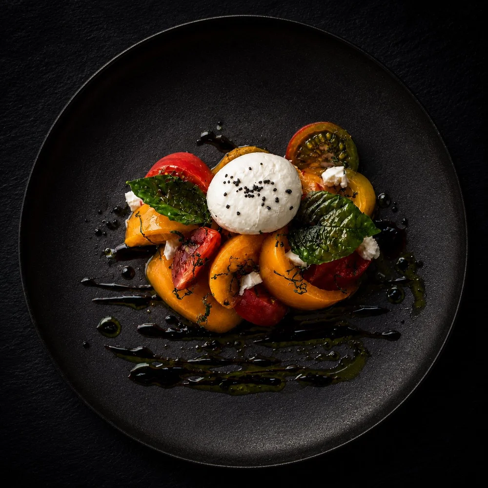 Burrata & heirloom tomatoes photographed by Brodie Ledford Studios