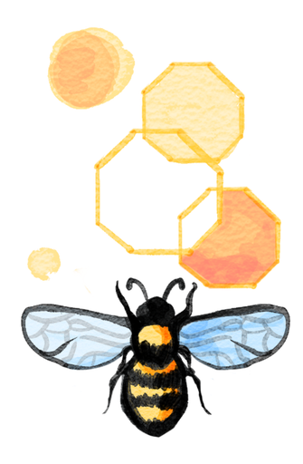Close-up illustration of a bee flying near three honeycomb