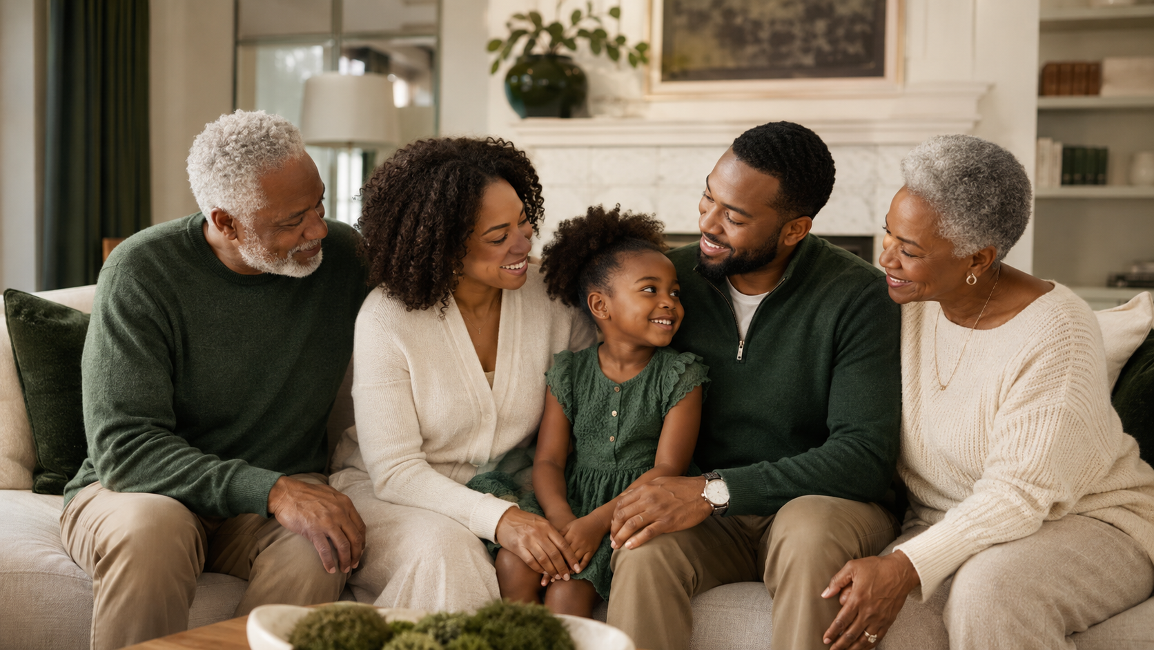 Multigenerational African American family sitting on a sofa, smiling and sharing a happy moment.