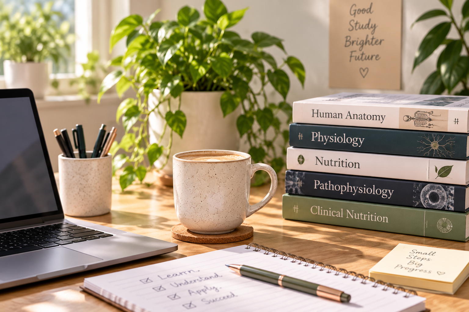 Study desk with anatomy, physiology, nutrition and pathophysiology textbooks, notebook, coffee and laptop.