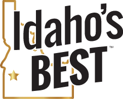 Logo for Idaho's Best featuring a black and gold map of Idaho with a star marking a location.
