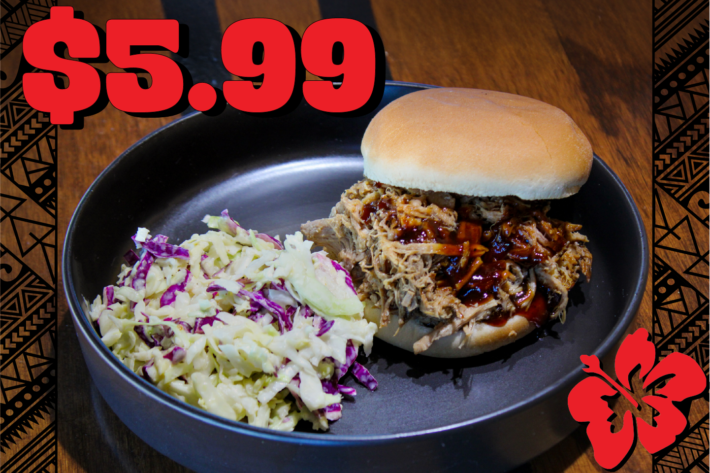 Pulled pork barbecue sandwich with coleslaw on a black plate, marked $5.99