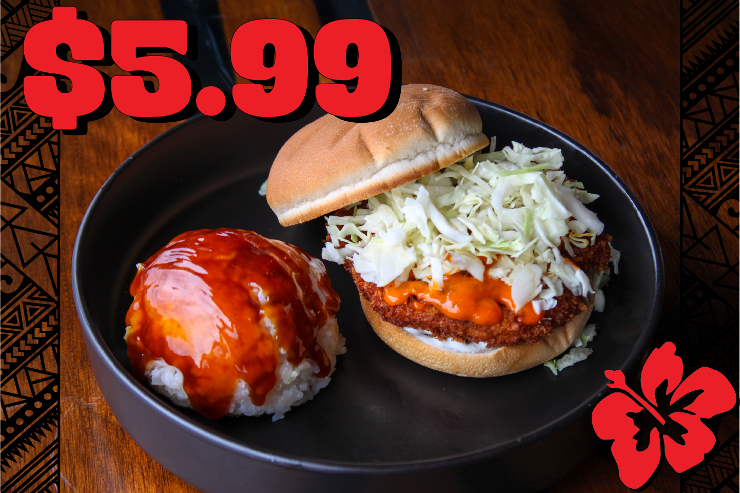 Plate with a crispy chicken sandwich topped with coleslaw and sauce, a glazed rice ball, and a $5.99 price graphic