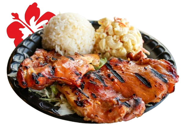 Grilled chicken with rice, potato salad, and a red hibiscus flower on a black plate.