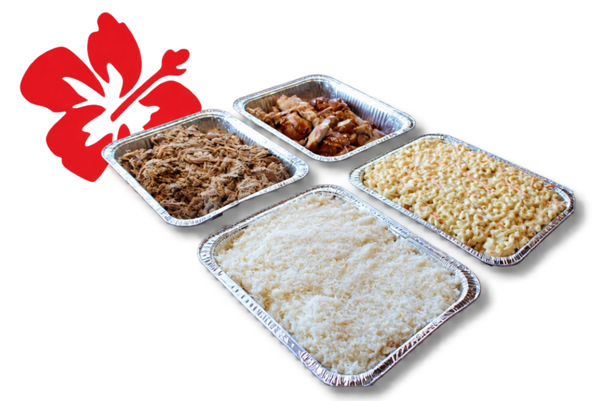 Four aluminum trays of food on a red and black background with a red hibiscus flower. The trays contain shredded chicken, glazed chicken, macaroni and cheese, and white rice.