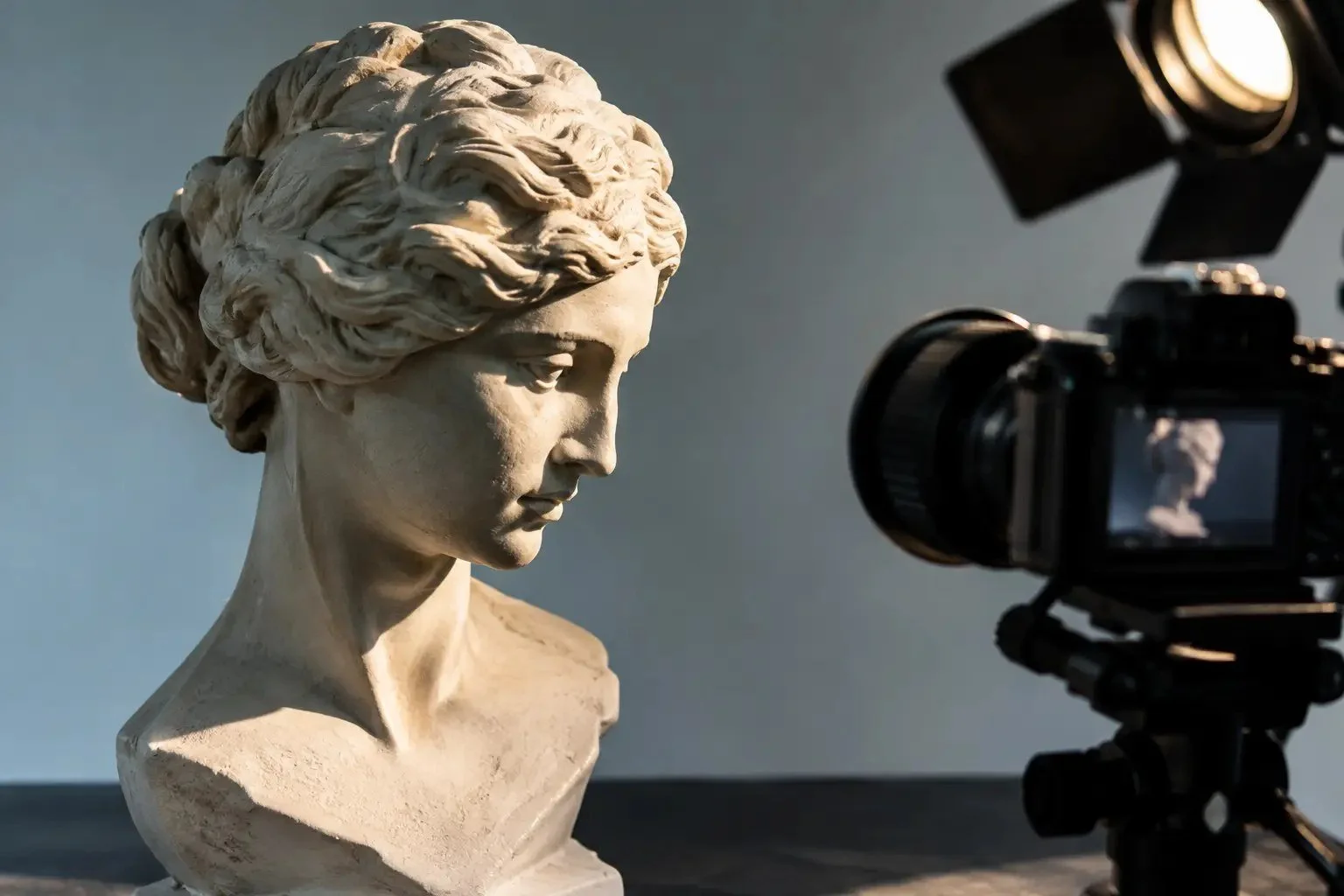 Plaster bust lit from the side by a studio lamp, with a camera on a tripod in the foreground