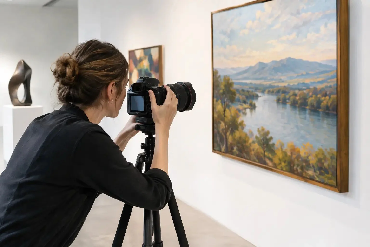 Photographer using a camera on a tripod to photograph a large landscape painting on a gallery wall