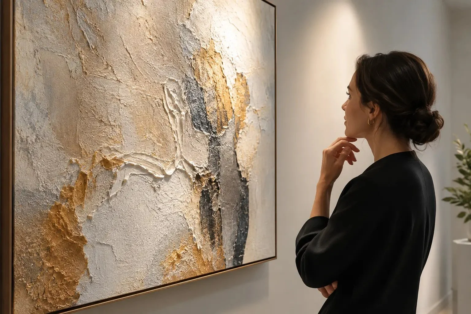Woman viewing a large textured abstract painting in gold, white and grey lit from above